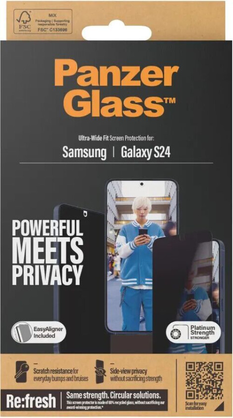 Samsung Galaxy S24  Ultra Wide Fit Re:fresh Skjermbeskyttelse m. EasyAligner - Privacy - Platinum Strength - Gjennomsiktig / Svart Kant