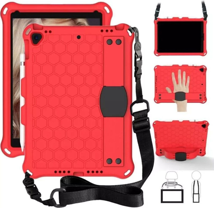 iPad 10.2" (2021 / 2020 / 2019) / iPad Pro 10.5 / iPad Air (2019) Barnedeksel med Skulderstropp - Bikube Mønster - Rød