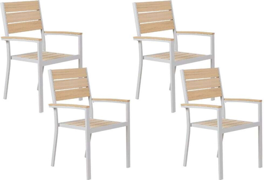 Sett med 4 Hagestoler Lys plast tre hvit pulverlakkert aluminiumsramme patio moderne