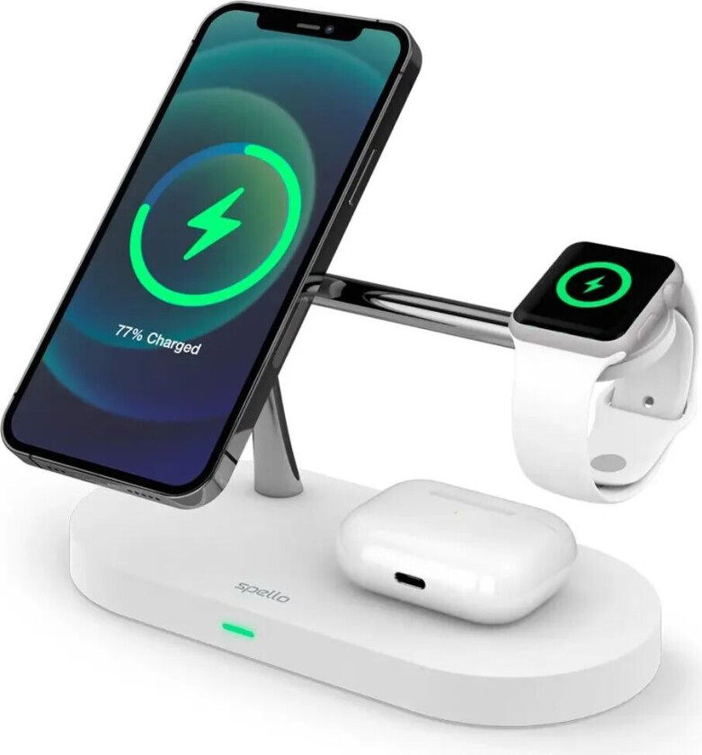3-i-1 Magnetisk Trådløs Lader 15W - MagSafe Kompatibel - Hvit