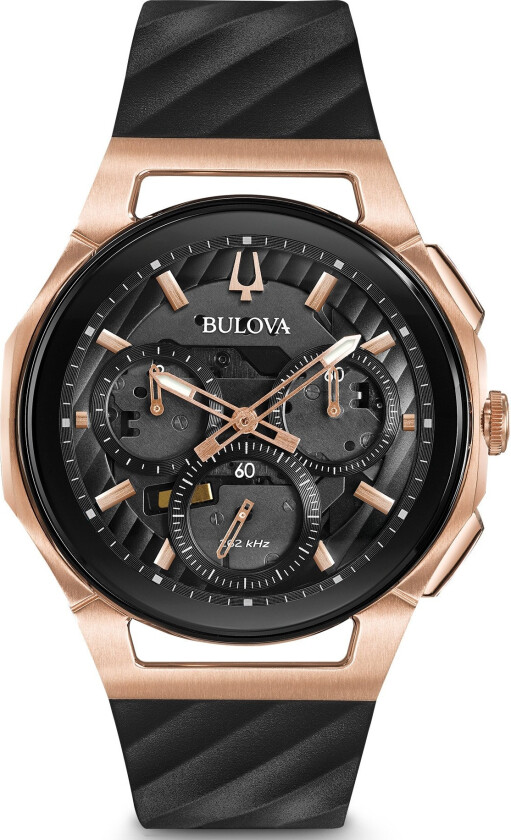 Curv Chronograph 98A185 - Kvarts - Rosegull Sort - Herreklokker - Gummi - Safir