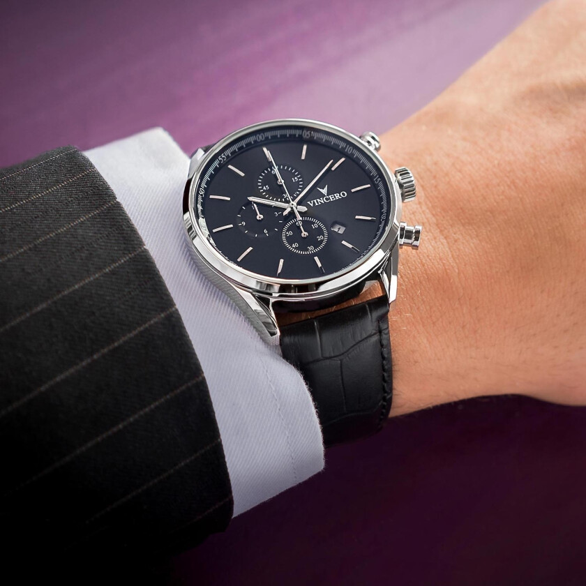Mer enn en kronografklokke - Vincero Chrono S Black/Silver Bla-Sil-S02 - Kvarts - Sølv - Herreklokker - Skinn - Safirbelagt mineralglas