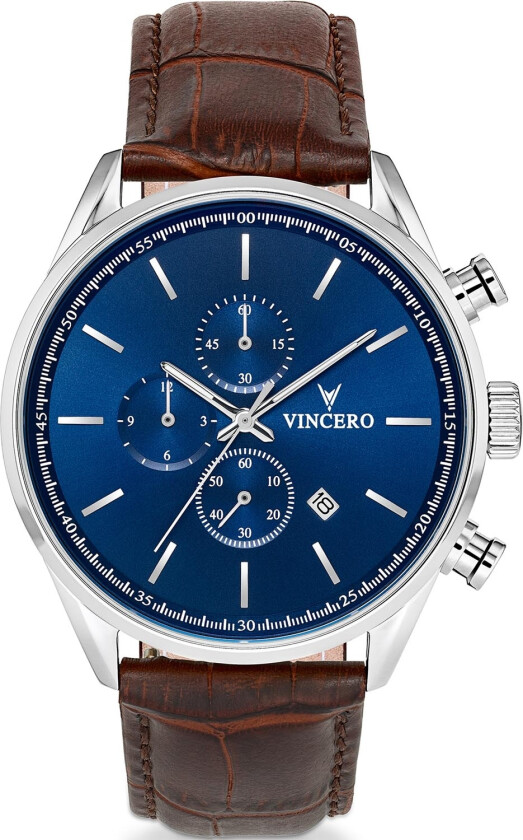 Forelsk deg i havets dype farve - Vincero Chrono S Blue/Brown Blu-Bro-S05 - Kvarts - Sølv - Herreklokker - Skinn - Safirbelagt mineralglas