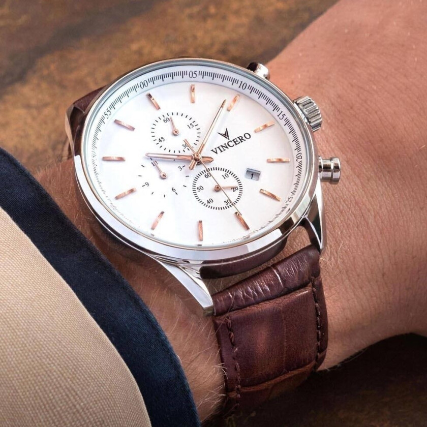 La dominansen stråle - Vincero Chrono S Silver/Rose Gold Whi-Sil-S08 - Kvarts - Sølv - Herreklokker - Skinn - Safirbelagt mineralglas