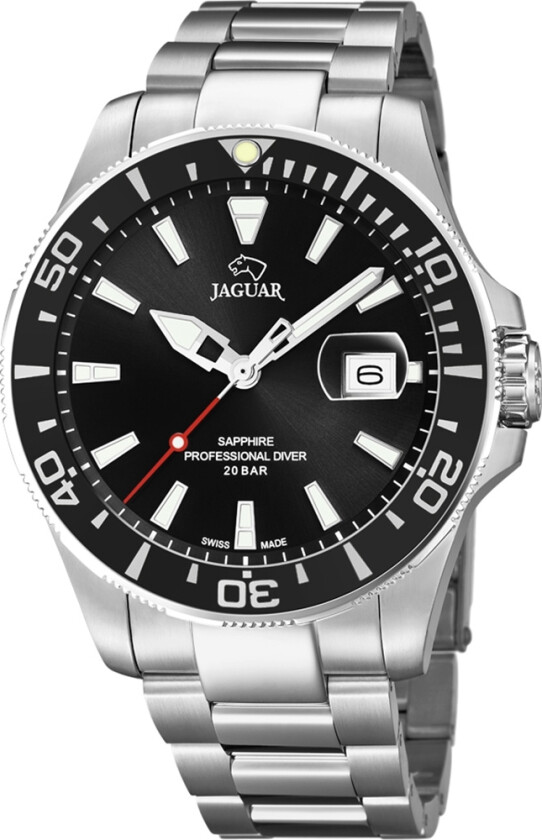 Hvite detaljer på urskivens mørke himmel - Jaguar Professional Diver J860/D - Kvarts - Sølv - Herreklokker - Rustfritt stål - ledd m/pin - Safir