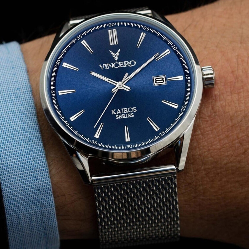 Uforglemmelige eventyr med - Vincero Kairos Mesh Blue/Silver Blu-SilM-K13 - Kvarts - Sølv - Herreklokker - Meshlenke - Safirbelagt mineralglas