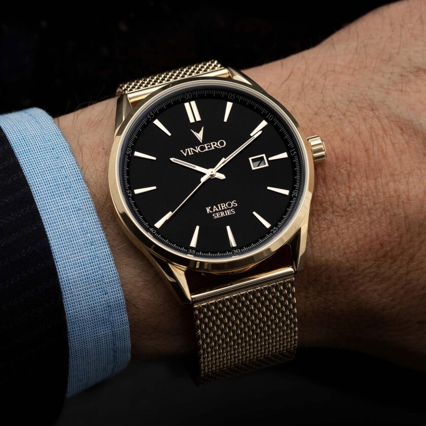 Eleganse med mystisk estetikk - Vincero Kairos Mesh Black/Gold Bla-GolM-K14 - Kvarts - Gull - Herreklokker - Meshlenke - Safirbelagt mineralglas