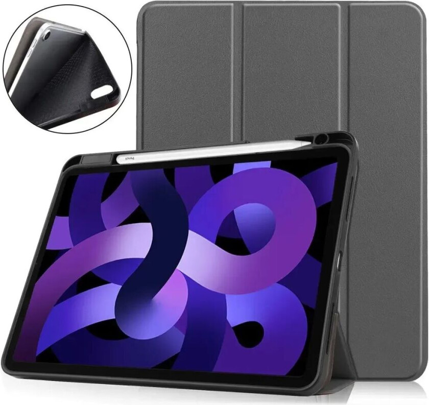 iPad Air 10.9" (2024) Litchi Tri-Fold Skinn Deksel med Apple Pencil Holder - Grå