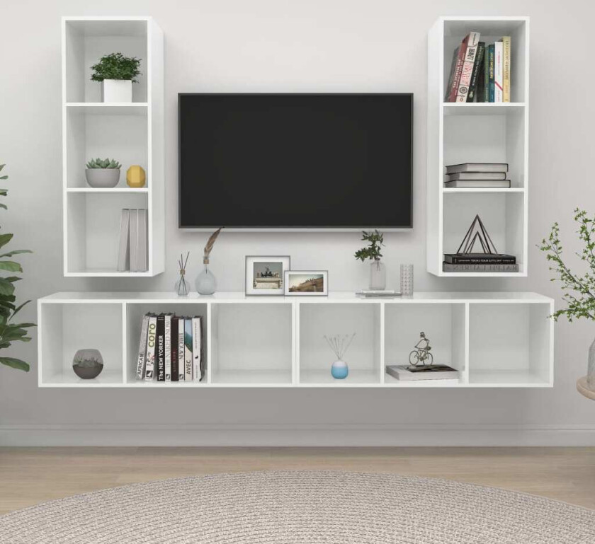 Vegghengte TV-benker 4 stk høyglans hvit sponplate