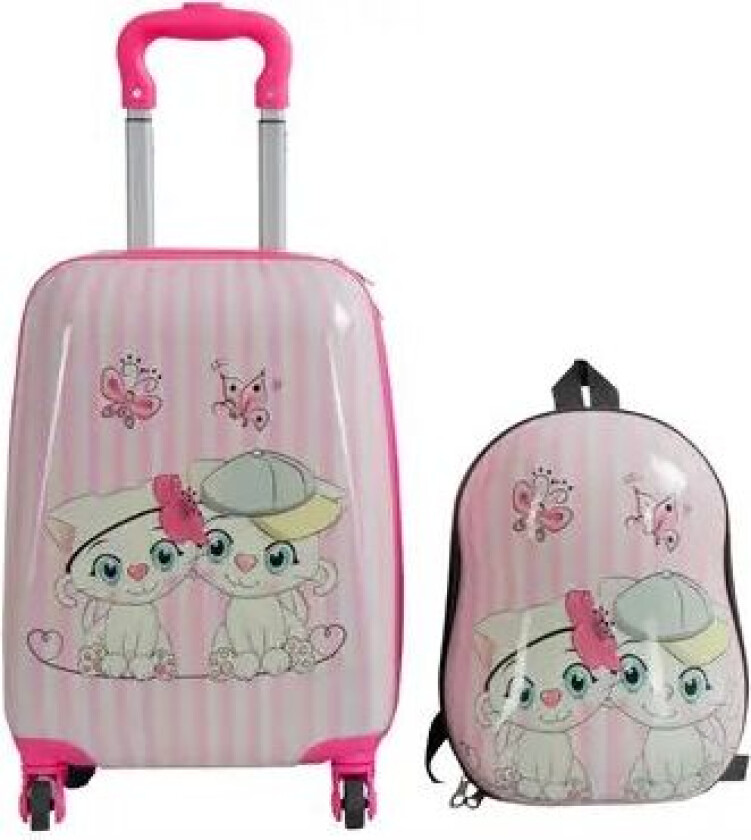 Barnekoffert - Kabinkoffert på hjul med ryggsekk - Rosa koffert med katter - Reisesett for barn