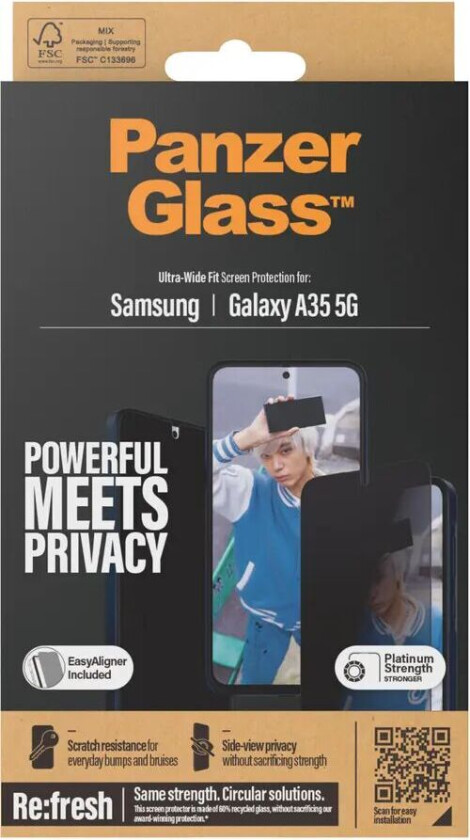 Samsung Galaxy A35 (5G)  Ultra Wide Fit Re:fresh Skjermbeskyttelse m. EasyAligner - Privacy - Platinum Strength - Gjennomsiktig / Svart Kant