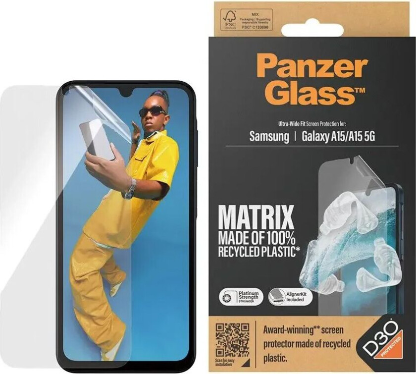 Samsung Galaxy A15 / A15 (5G) Matrix AntiBacterial Ultra Wide Fit Skjermbeskyttelse - AlignerKit - Platinum Strength - Gjennomsiktig