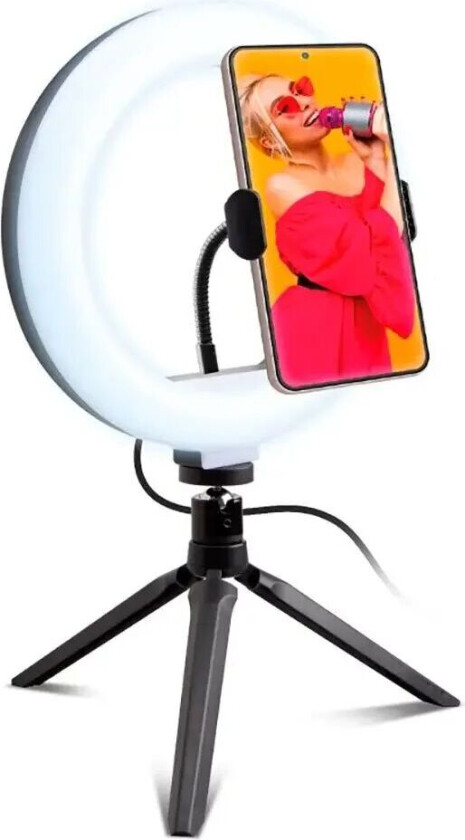 LED Selfie Ring Light med Stativ og Mobilholder - Svart