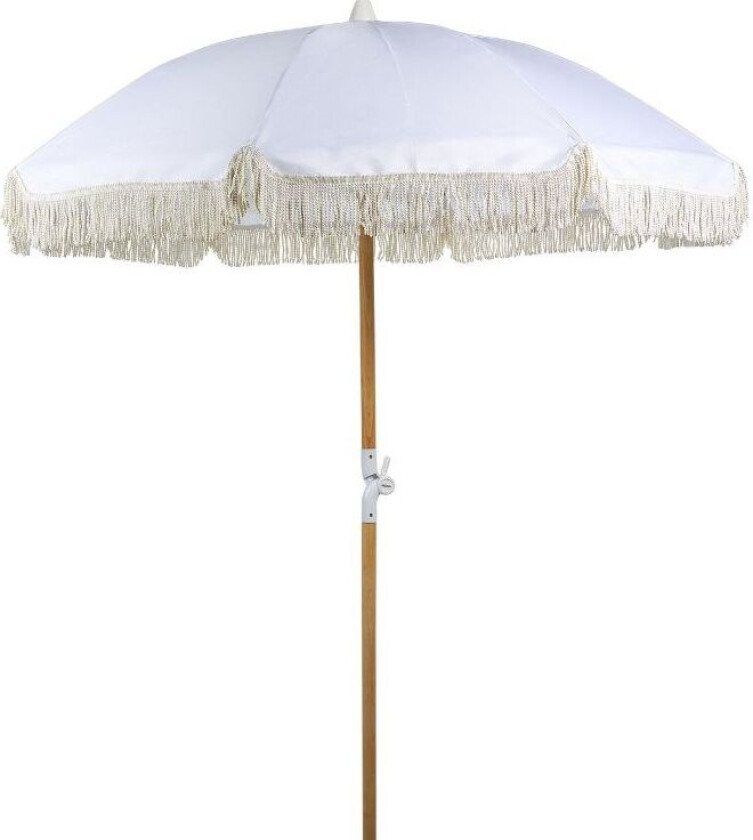 Parasoll Hvit Polyester Bøk ø 150 cm Rund form Frynser Retro UV-bestandig Vippemekanisme Hage Uteplass