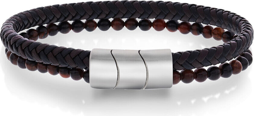 Skinnarmbånd i 2 rader med flettet sort og brunt farge og tigerøye