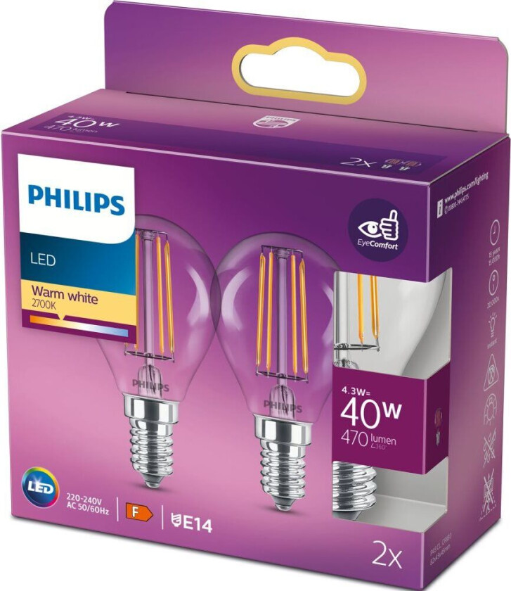 LED-lyspære Classic Mini-ball 4,3W/827 (40W) Clear 2-pack E14