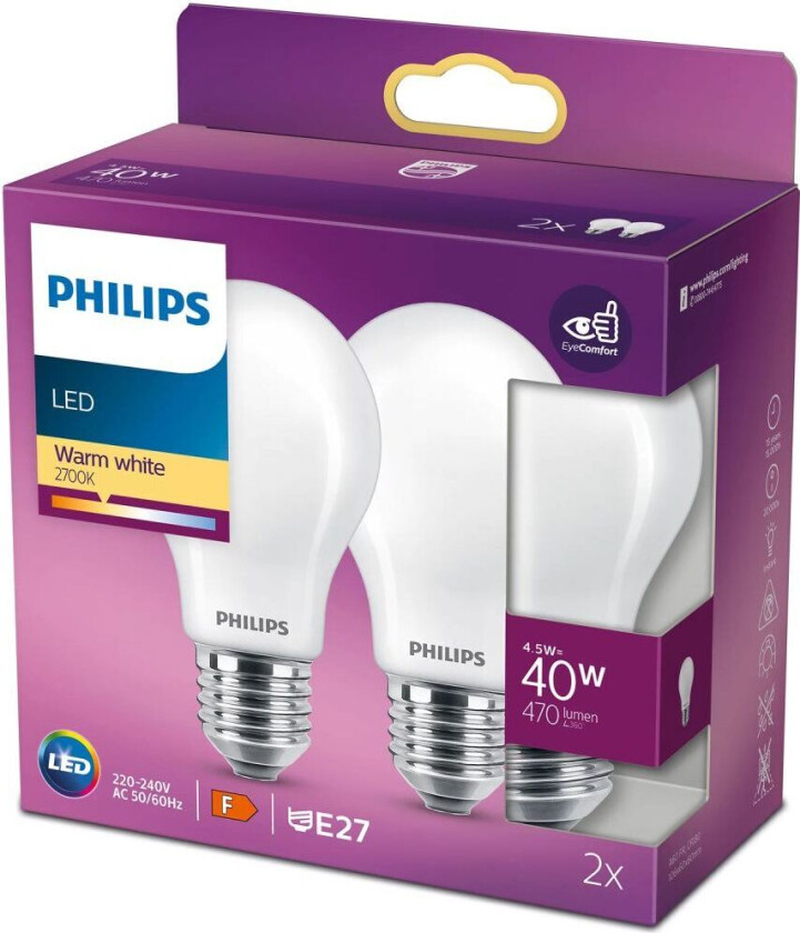 LED-lyspære Classic Standard 4,5W/827 (40W) Frosted 2-pack E27
