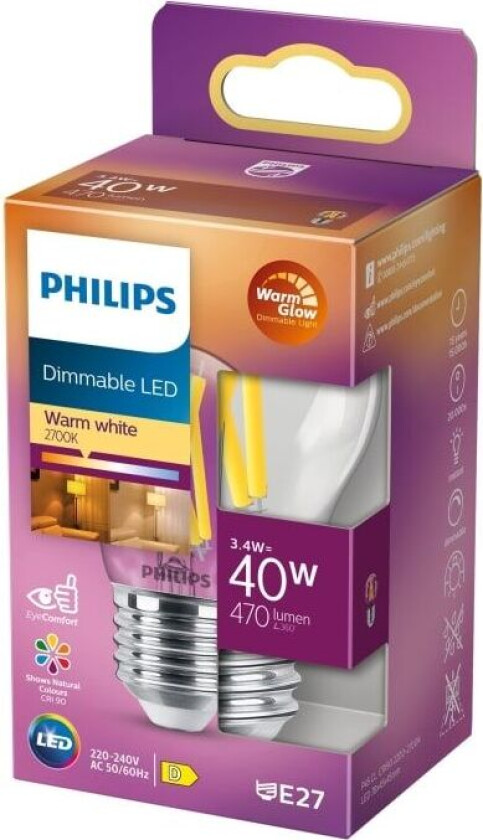 LED-lyspære Classic Mini-ball 3,4W/922-927 (40W) Clear WarmGlow Dimmable E27