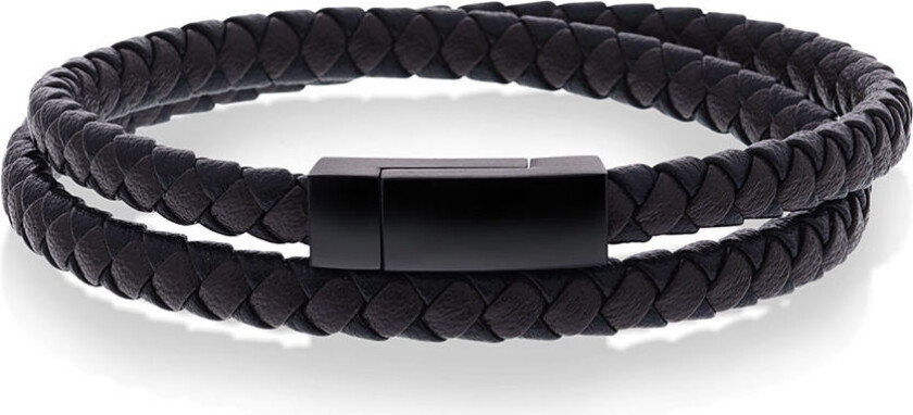 Skinnarmbånd med flettet sort/brunt skinn og lås i rustfritt stål