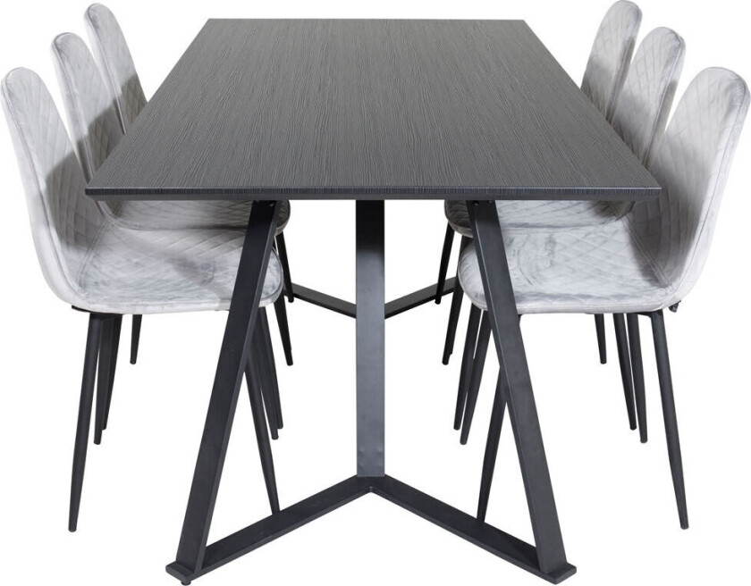 MarinaBLBL spisegruppe spisebord svart og 6 Polar Diamond spisestuestoler velour grå.