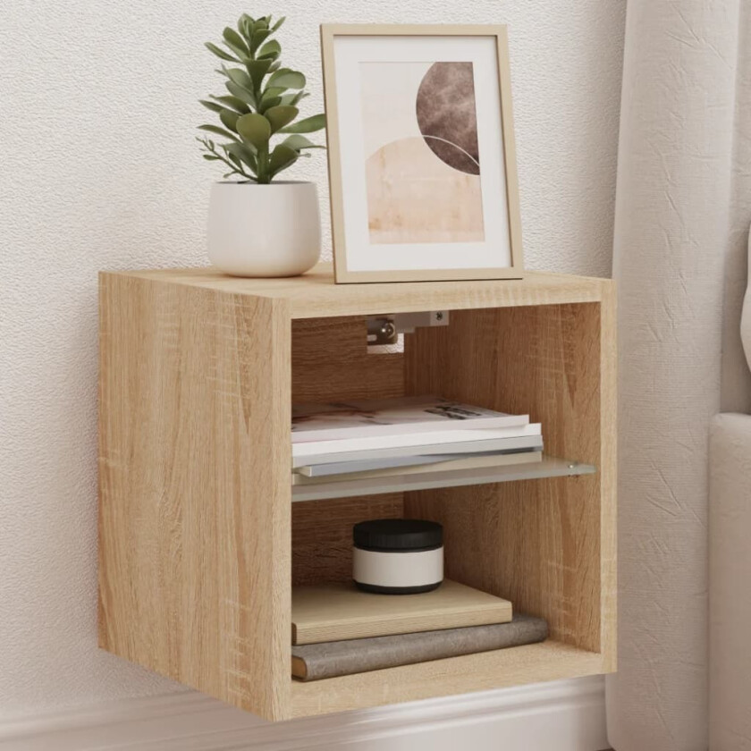 Vegghengt TV-benk med LED 2 stk sonoma eik 30x28,5x30 cm