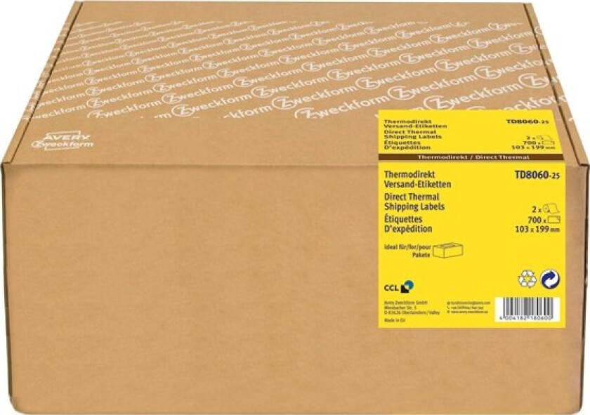 Direkte termiske etiketter, 103 x 199 mm, 700 Etiketter, Hvit