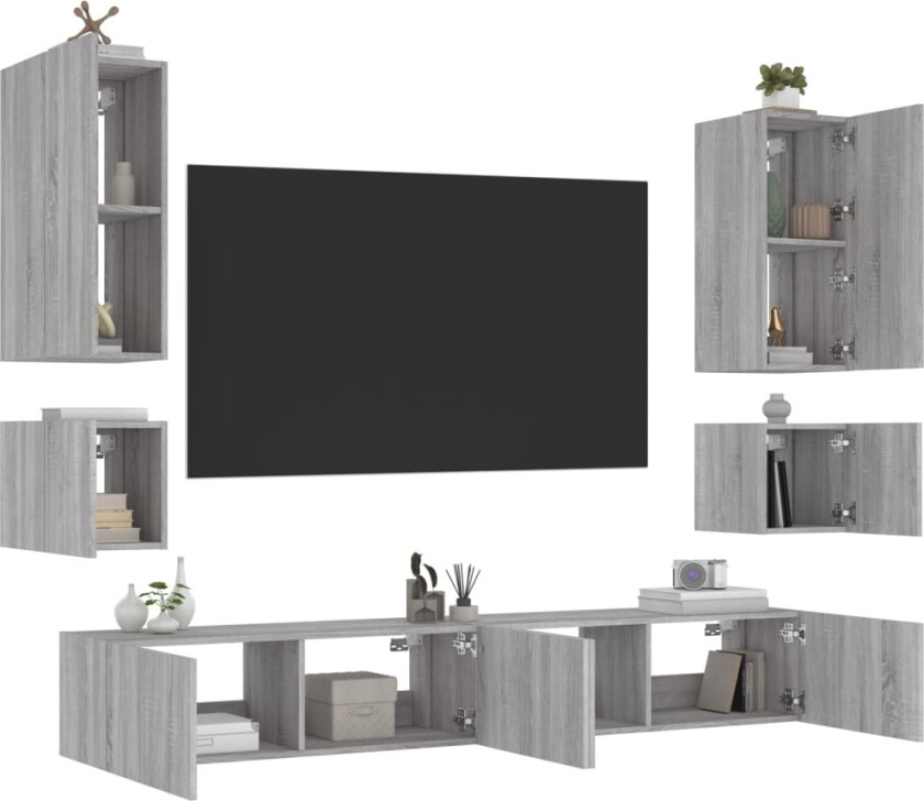 Vegghengte TV-benker med LED 6 stk grå sonoma