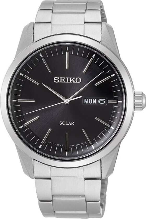 Svart urskive med stil - Seiko Solar Sapphire SNE527P1 - Kvarts - Sølv - Herreklokker - Rustfritt stål - ledd m/pin - Safir