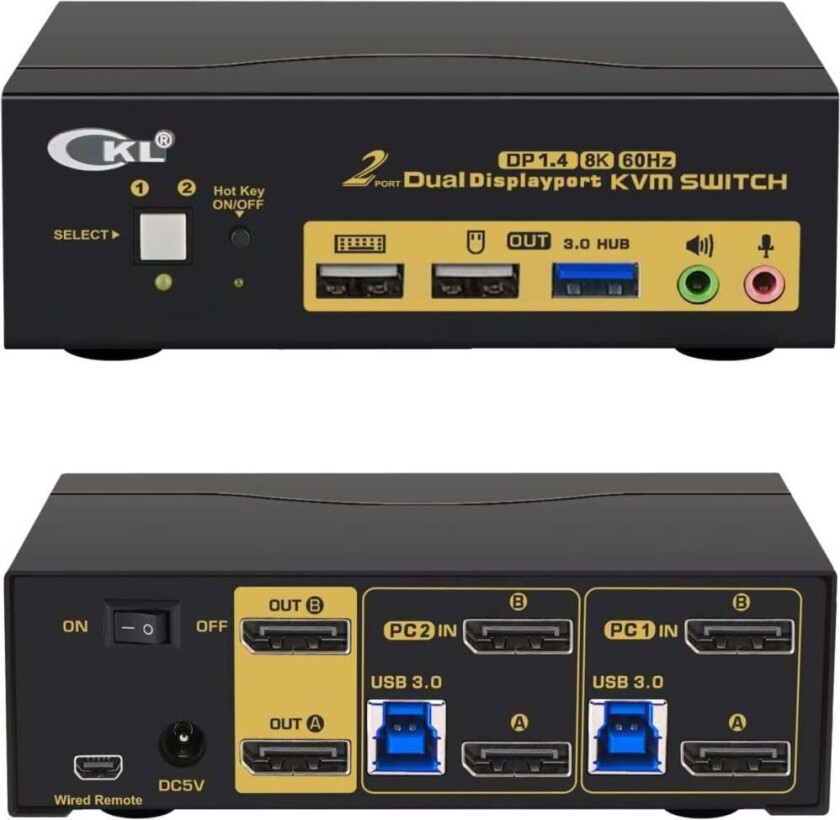 Dual Monitor KVM Switch 2x2 DP1.4, 8K60Hz 4K144Hz 3xUSB-A og 2xaudio