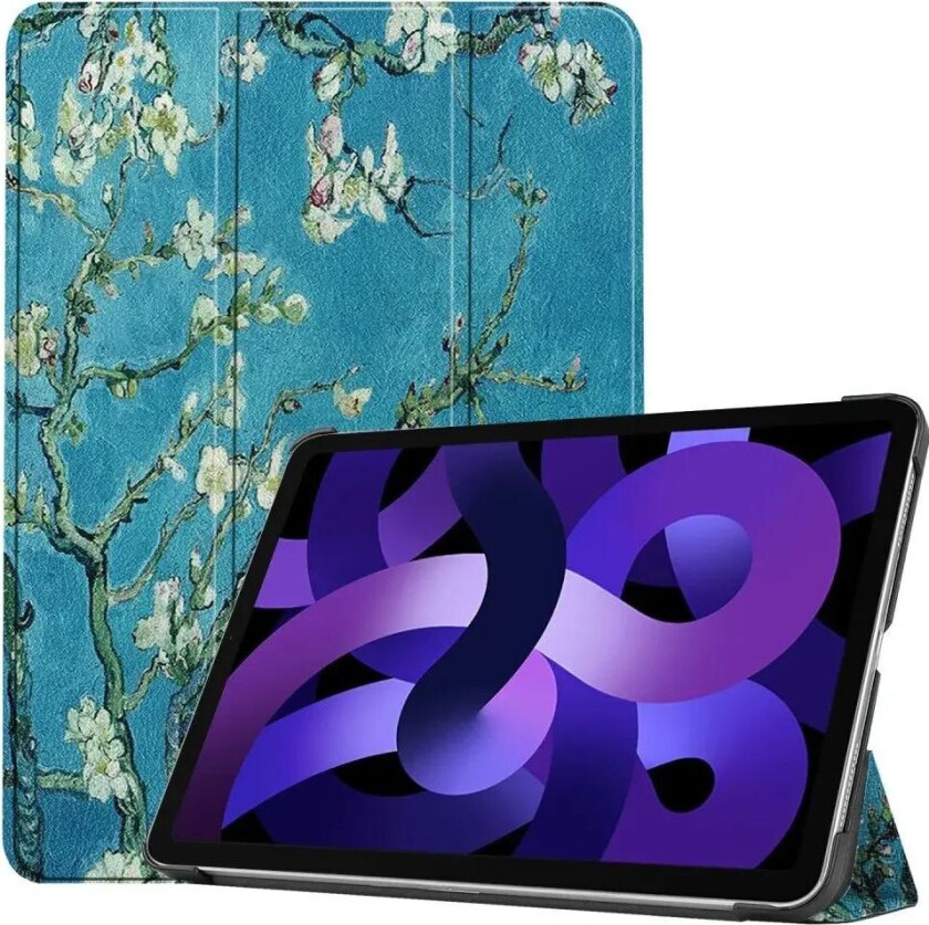 iPad Air 10.9" (2024) Tri-Fold Kunstlæder Tablet Cover m. Vågeblus Funktion - Hvide Blomster