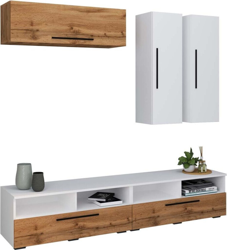 ArilaXL TV-bord 5 dører 4 hyller hvit, eik dekor.