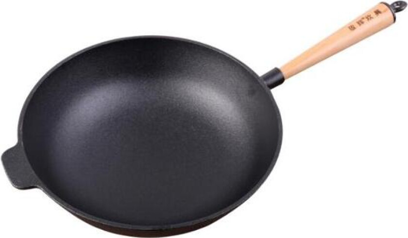 Large cast iron wok model frying pan with wooden handle 31 cm