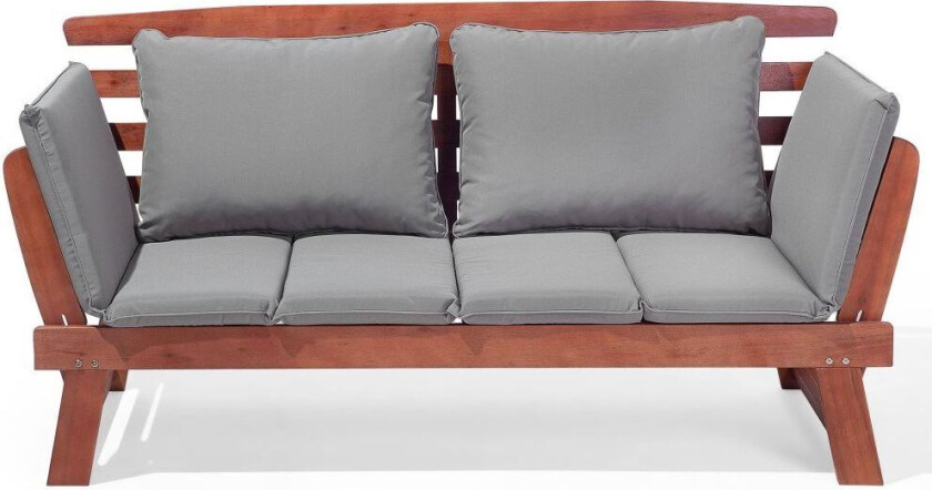 Hagebenk mørk eukalyptustre grå puter utendørs 2-seter med armlener som kan legges tilbake