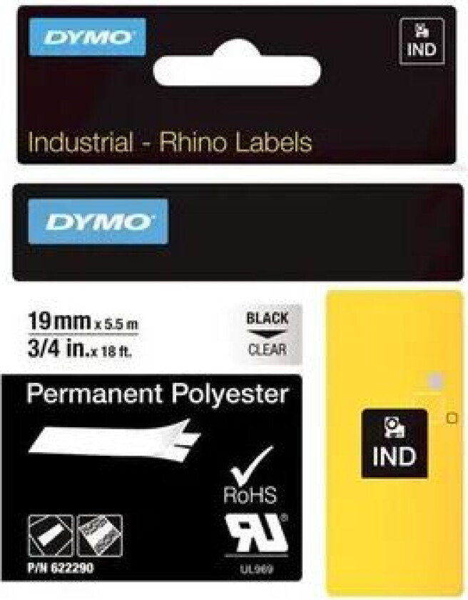 Dymo Tape Rhinopro Permanent Polyester 19mm Svart/gjennomsiktig