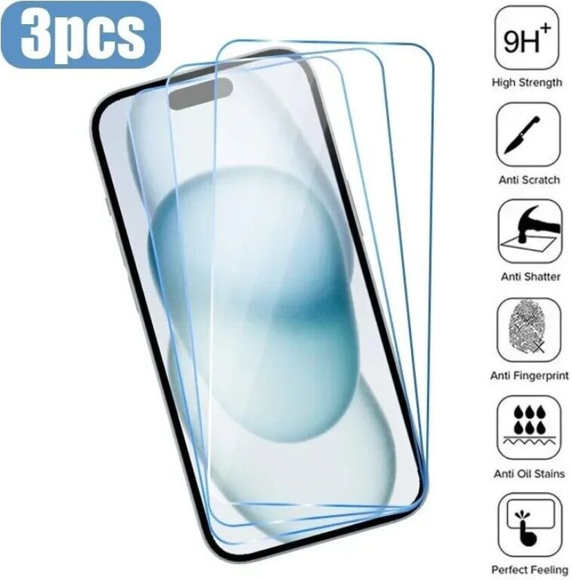 3-pack iPhone 15 Omfattende skjermbeskytter HD herdet glass