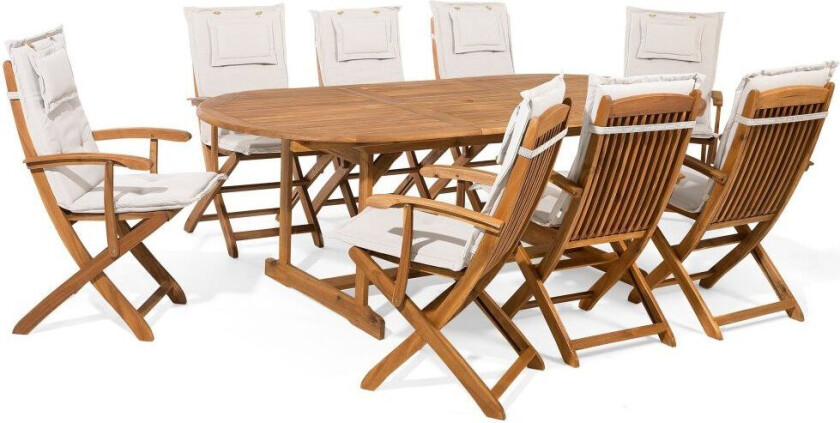 Hagemøbelsett Lys Akasietre 8-seters bord hvite puter sammenleggbare stoler Rustikk design