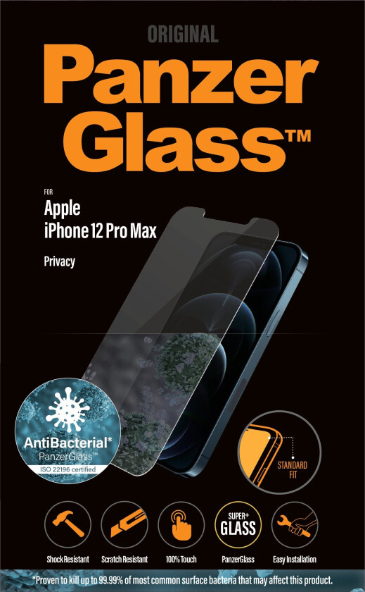 Bilde av iPhone 12 Pro Max AntiBacterial Standard Fit Skjermbeskytter - Privacy Glass - Gjennomsiktig