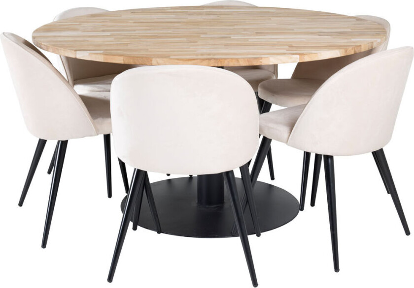 Cirebon140 spisegruppe spisebord teak og 6 Velvet spisestuestoler velour beige, svart.