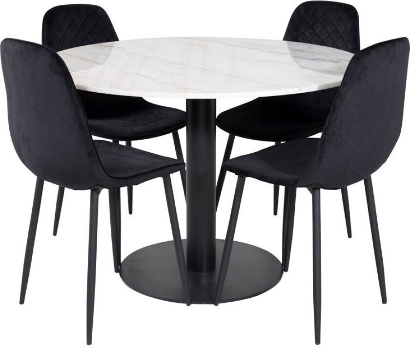 EstelleØ106WHBL spisegruppe spisebord hvit, marmor og 4 Polar Diamond spisestuestoler velour svart.