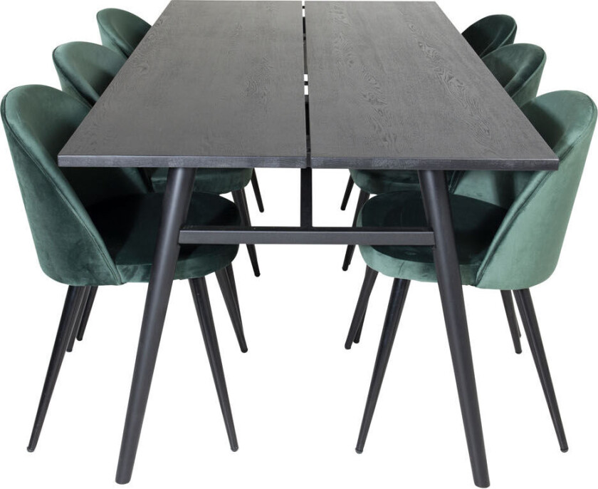 Sleek spisegruppe spisebord uttrekksbord lengde cm 195 / 280 svart og 6 Velvet spisestuestoler velour grønn, svart.