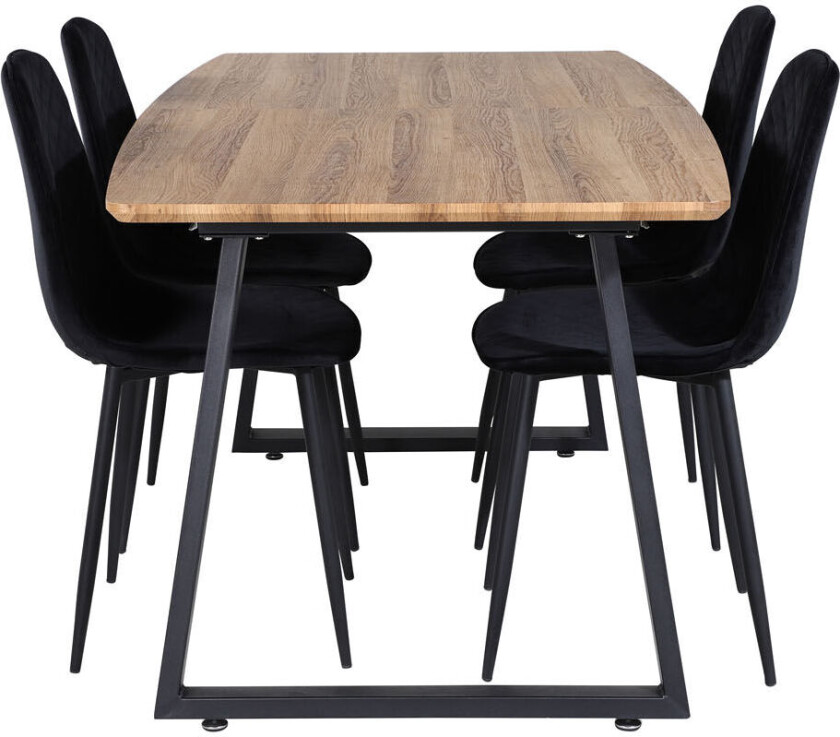 IncaNABL spisegruppe spisebord uttrekksbord lengde cm 160 / 200 el tre dekor og 4 Polar Diamond spisestuestoler velour svart.
