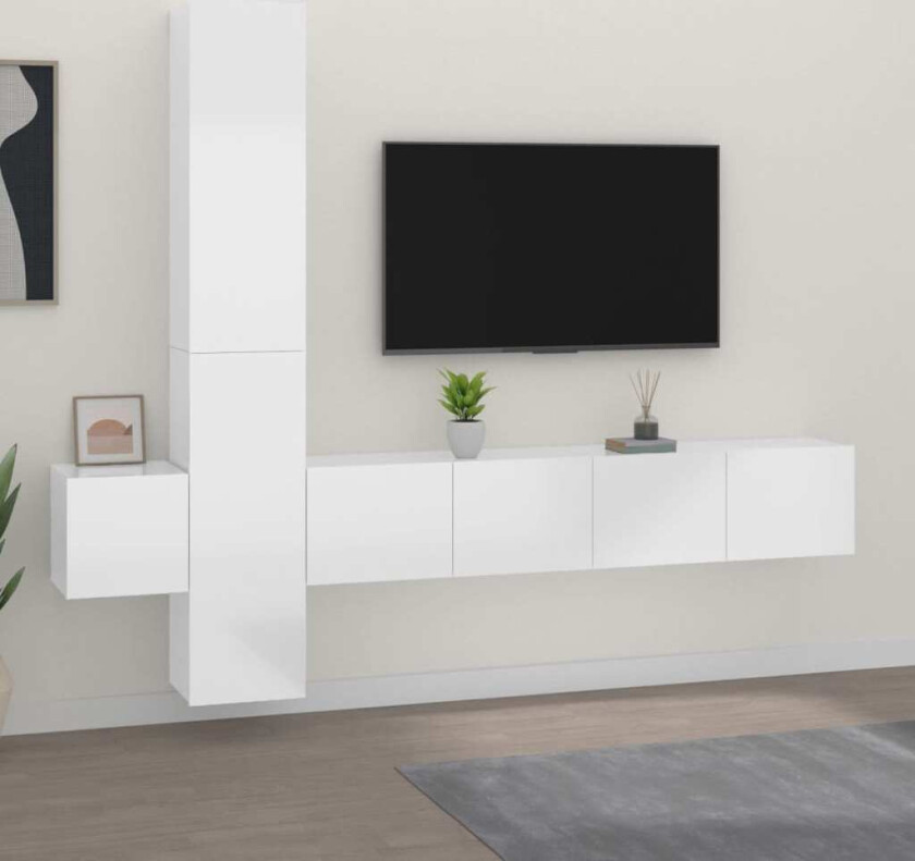 TV-benksett 5 deler høyglans hvit konstruert tre