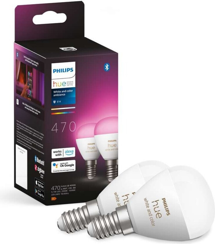 Bilde av Luster Kuleformet LED-pære White and Color Ambiance E14 470 lm 2-pk.