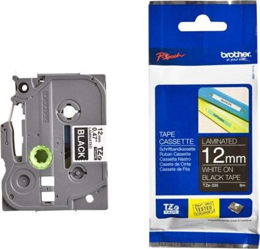 TZe335 12mm (0.47") White on Black Label tape for P-Touch 8m