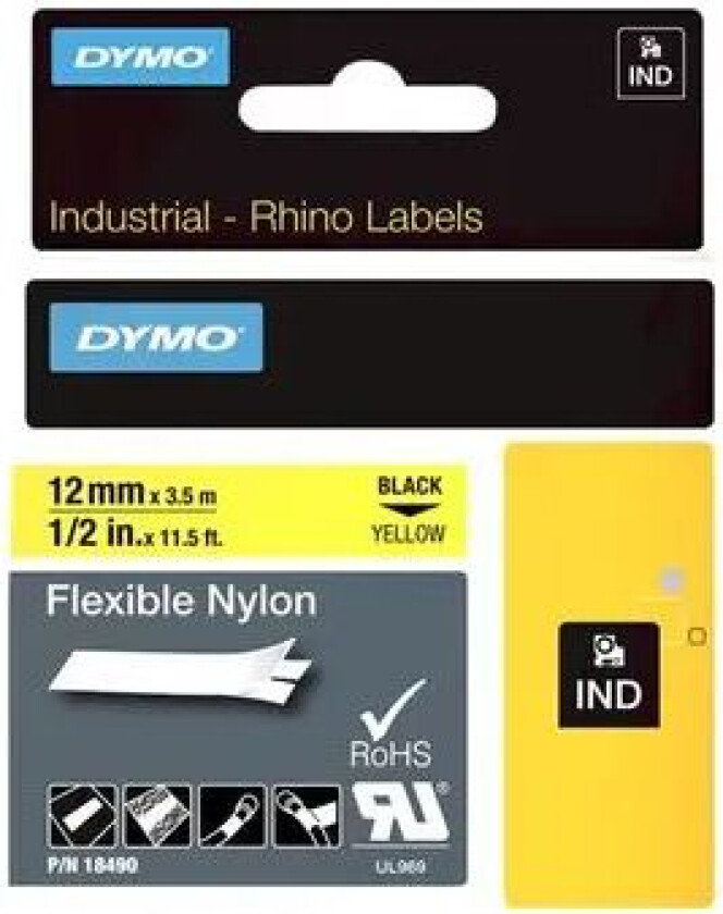 Dymo Tape Rhinopro Fleksibel Nylon 12mm Svart/gul