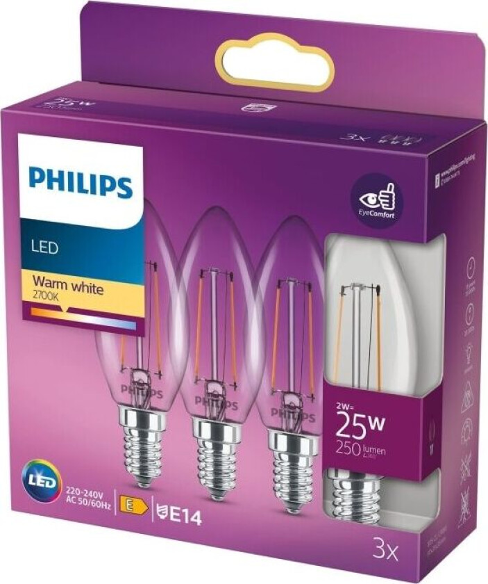 LED-lyspære Classic Candle 2W/827 (25W) Clear 3-pak E14