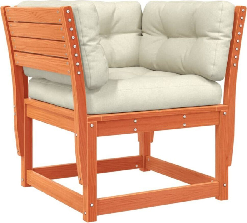 Hagesofa med armlener og puter voksbrun heltre furu