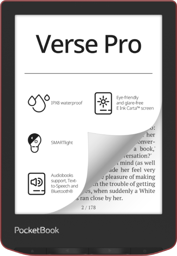 Verse PRO - eBook-leser - Linux 3.10.65 - 16 GB - 6 16 grånivåer (4-bts) E Ink Carta (1072 x 1448) - berøringsskjerm - Bluetooth, Wi-Fi - rød