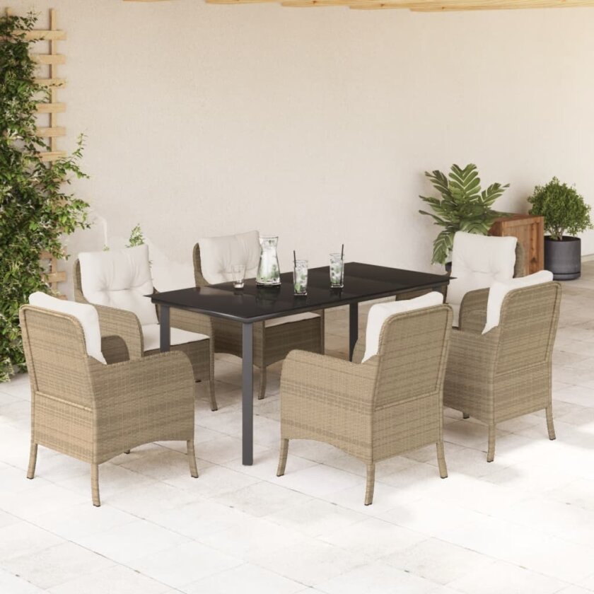 Hagespisegruppe med puter 7 deler polyrotting beige
