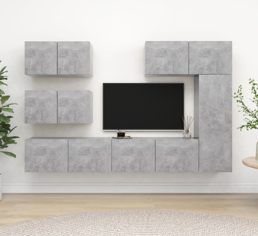 TV-benksett 6 deler betonggrå sponplate